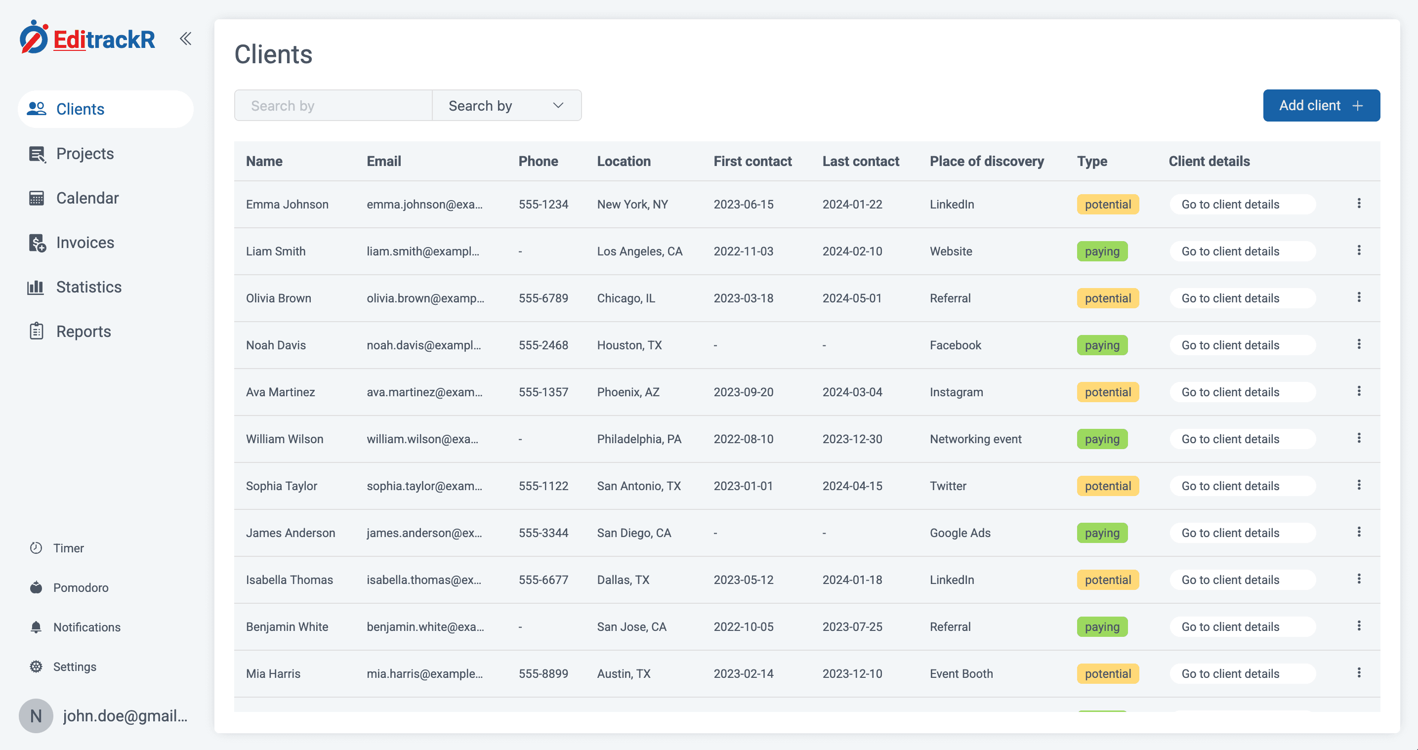 Main application dashboard